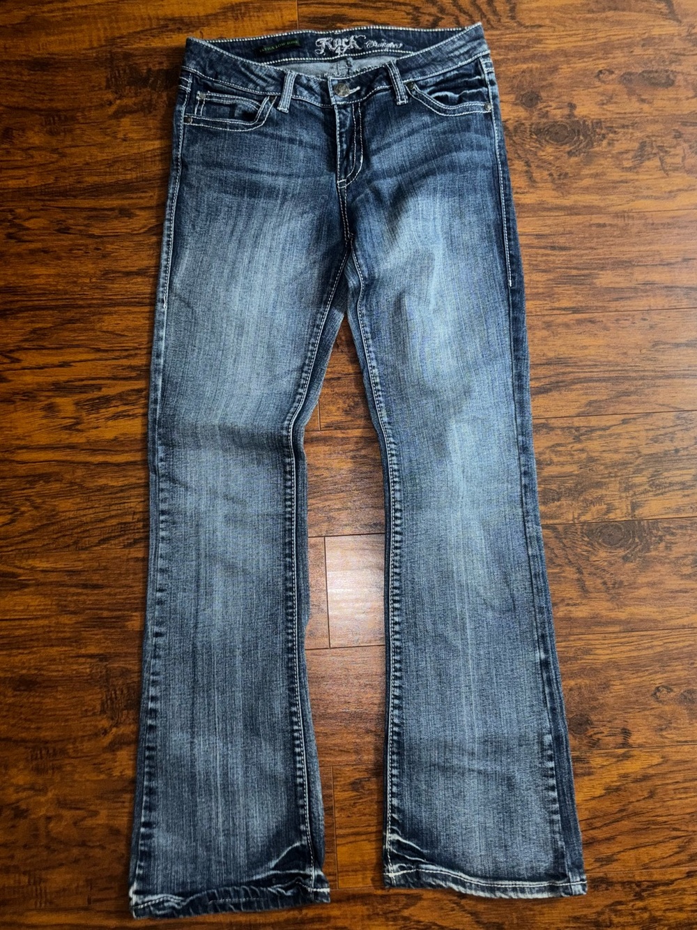 Wrangler Rock 47 Flare Blue Jeans Ultra Low Rise Studded Back Pocket Faded Denim